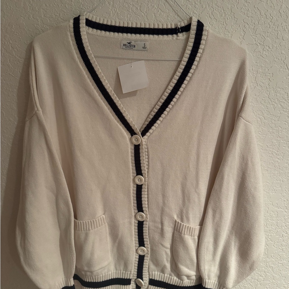Hollister Women's White Cardigan with Black Trim